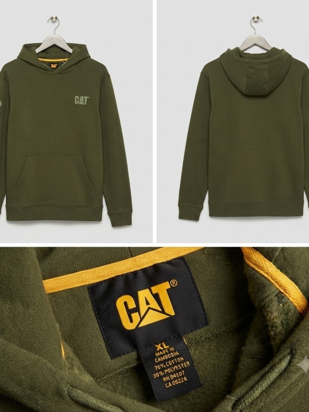 Mens Olive Green CAT Hooded Pullover